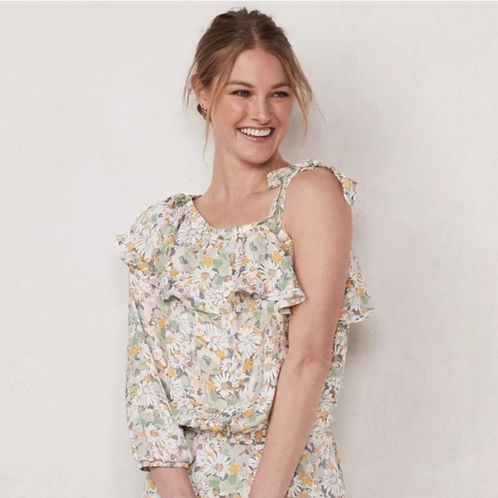 Lauren Conrad Ruffle Lady Daisies Pastel Satiny One-Shoulder Tie Top Sz L NWOT
